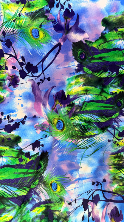 Nylon spandex Peacock design Multicolors 4way stretch 58/60" Sold by the YD. Ships worldwide from Los Angeles California USA