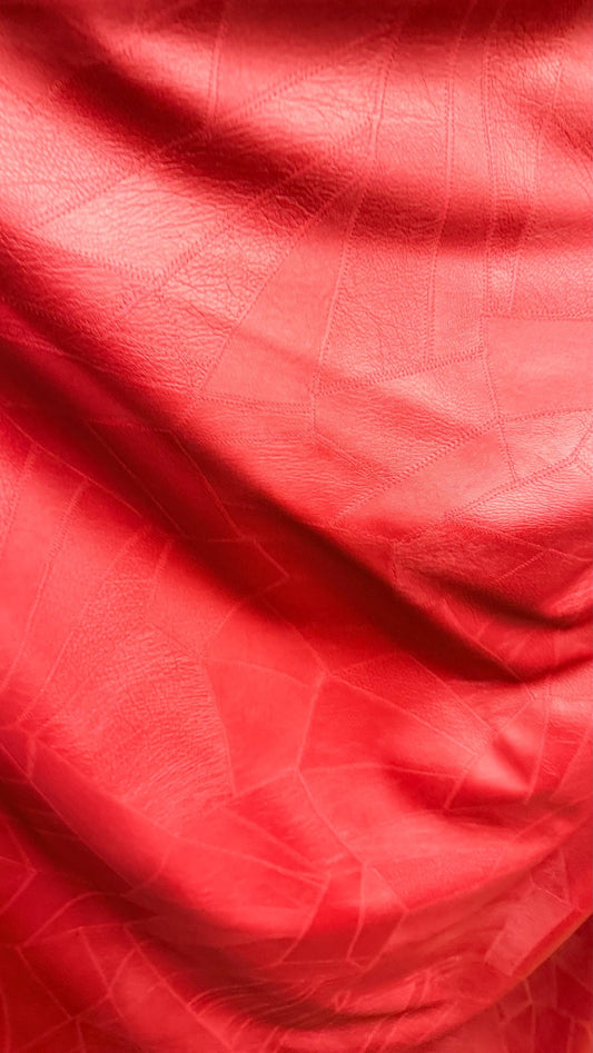 Fake Red Leather Geometric Patch design 2-way stretch Best quality in the Market 58/60” Sold by the YD. Ships Worldwide from Los Angeles CA
