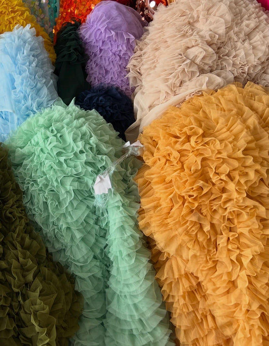 Ruffles Luxury design made of dobble mesh ruffle 100% polyester non stretch 58/60” Sold by the YD. High quality fabrics by AlexLAFabrics
