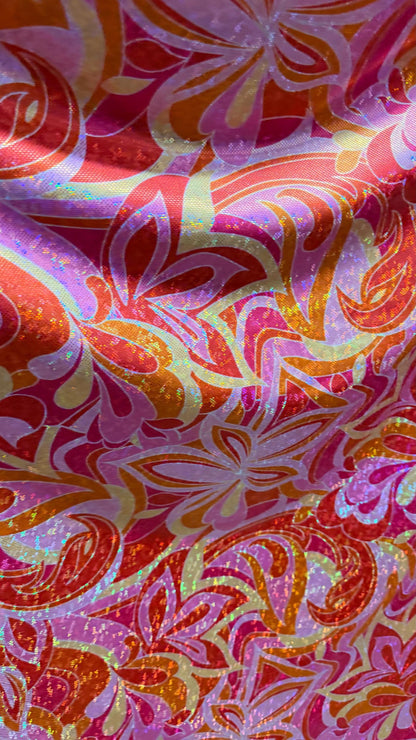 New Abstract Flower design on Hologram shattered glass metallic nylon spandex 4-way stretch 58/60” High quality fabrics by AlexLAFabrics