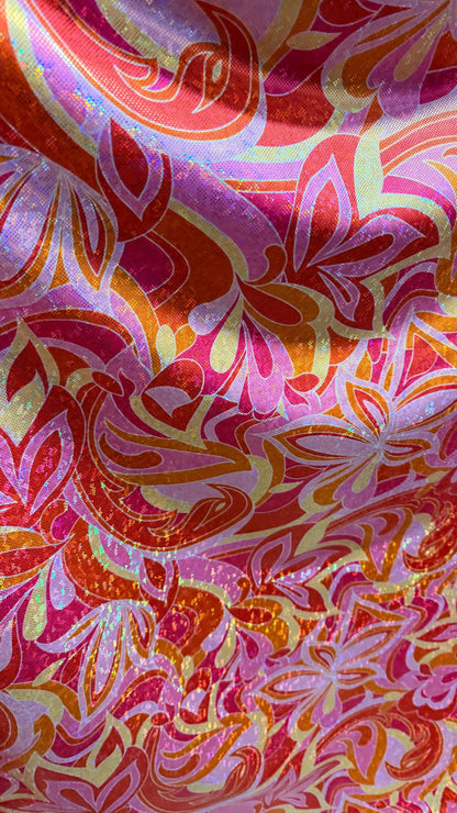 New Abstract Flower design on Hologram shattered glass metallic nylon spandex 4-way stretch 58/60” High quality fabrics by AlexLAFabrics