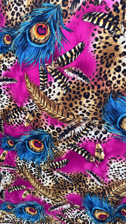 New Peacock design Magenta/Blue multicolor 4way Stretch poly spandex  58/60" Sold by the YD. ships worldwide from Los Angeles California USA