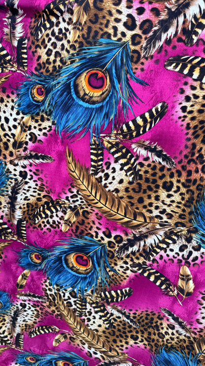 New Peacock design Magenta/Blue multicolor 4way Stretch poly spandex  58/60" Sold by the YD. ships worldwide from Los Angeles California USA