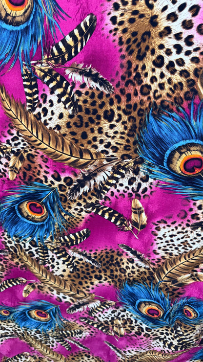 New Peacock design Magenta/Blue multicolor 4way Stretch poly spandex  58/60" Sold by the YD. ships worldwide from Los Angeles California USA