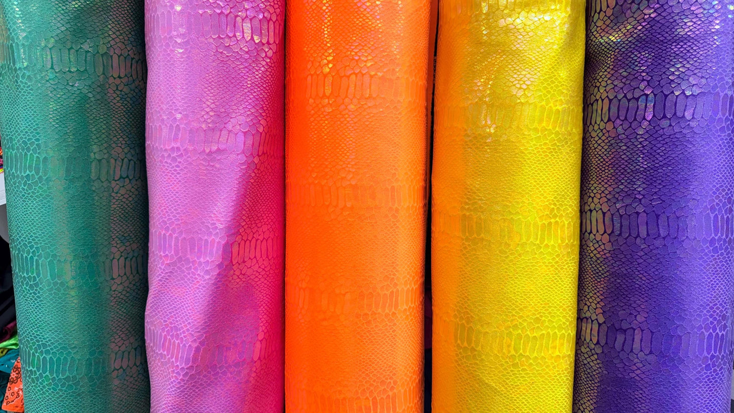 Luxury snake skin design Iridescent metallic stretch velvet with ilusion foil 4-way stretch 58/60” Sold by the YD. Ships worldwide from LA