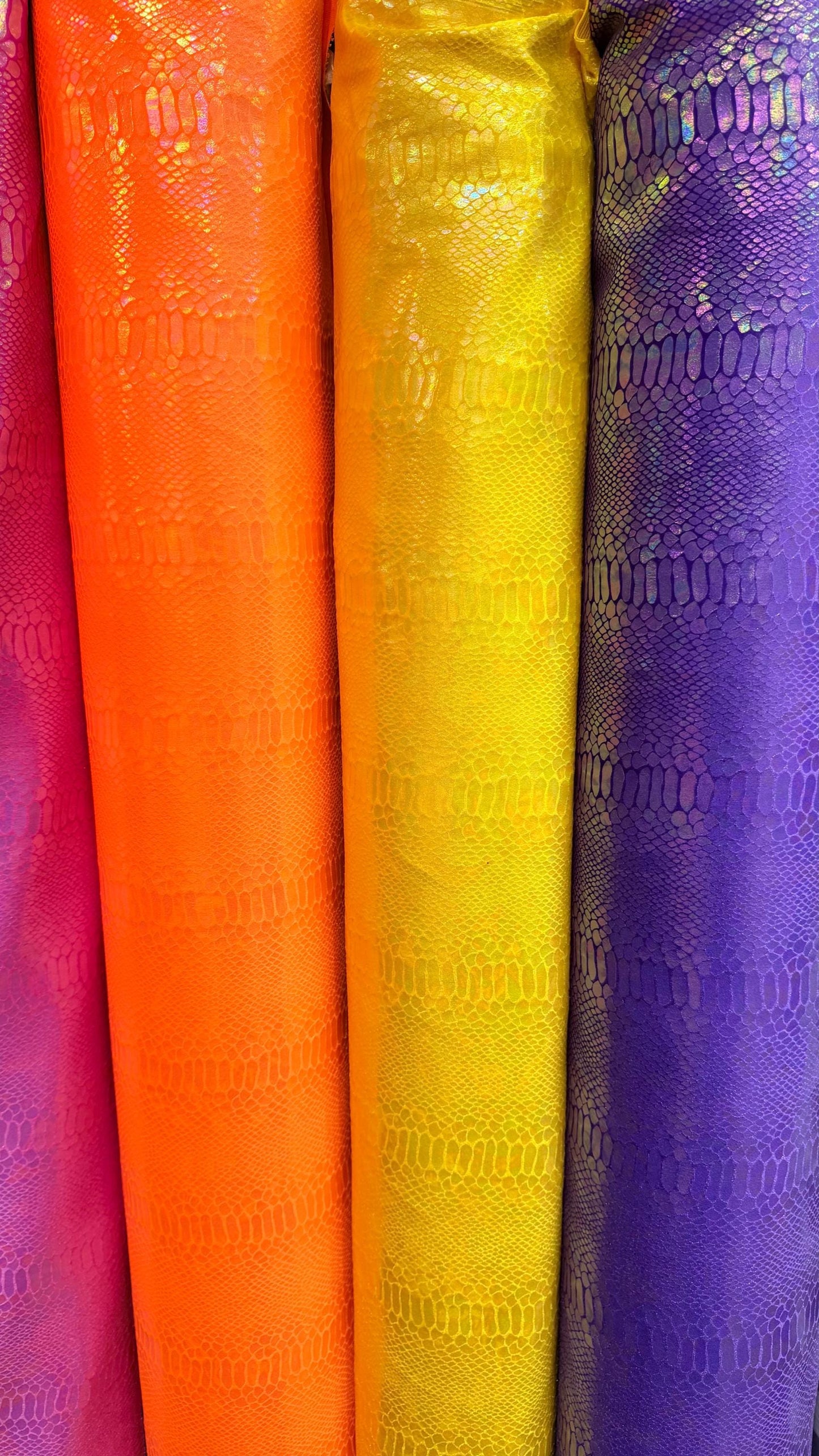 Luxury snake skin design Iridescent metallic stretch velvet with ilusion foil 4-way stretch 58/60” Sold by the YD. Ships worldwide from LA