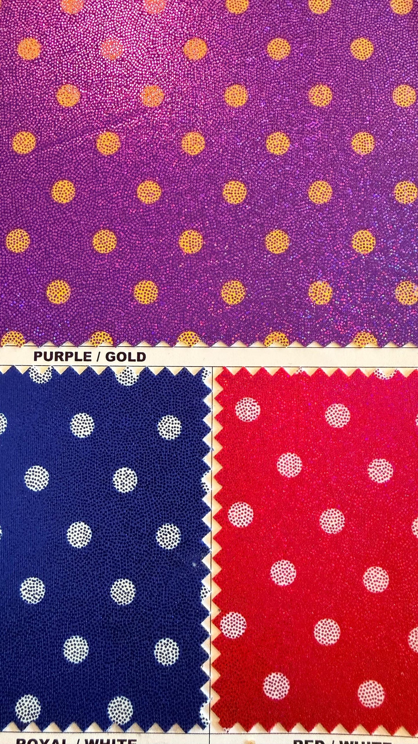 Polka dots print on metallic nylon spandex with hologram foggy foil4way stretch  58/60" sold by the Yd. Ships worldwide from Los Angeles CA