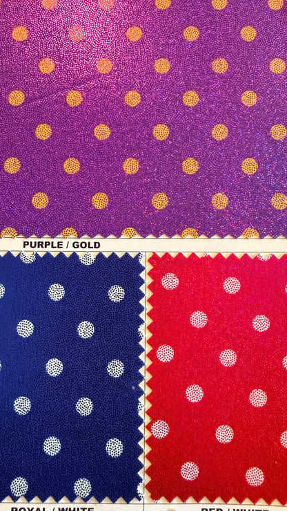 Polka dots print on metallic nylon spandex with hologram foggy foil4way stretch  58/60" sold by the Yd. Ships worldwide from Los Angeles CA