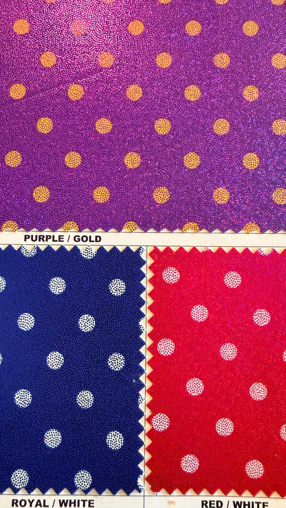 Polka dots print on metallic nylon spandex with hologram foggy foil4way stretch  58/60" sold by the Yd. Ships worldwide from Los Angeles CA