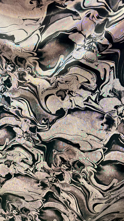 New Modert Abstract Lava design on Hologram shattered glass metallic nylon spandex 4-way stretch 58/60” High quality fabrics byAlexLAFabrics