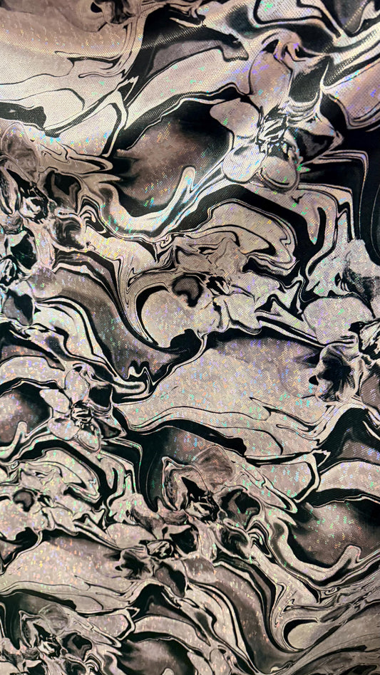 New Modert Abstract Lava design on Hologram shattered glass metallic nylon spandex 4-way stretch 58/60” High quality fabrics byAlexLAFabrics