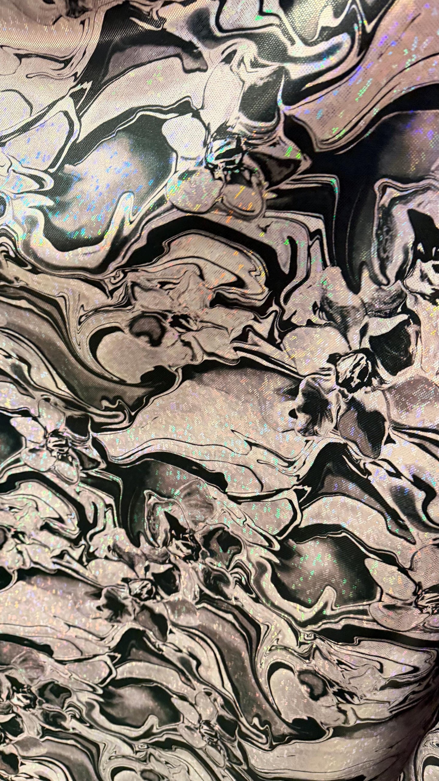 New Modert Abstract Lava design on Hologram shattered glass metallic nylon spandex 4-way stretch 58/60” High quality fabrics byAlexLAFabrics