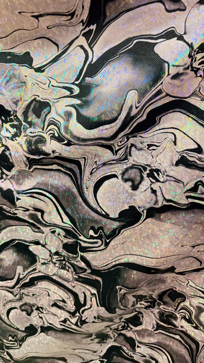 New Modert Abstract Lava design on Hologram shattered glass metallic nylon spandex 4-way stretch 58/60” High quality fabrics byAlexLAFabrics
