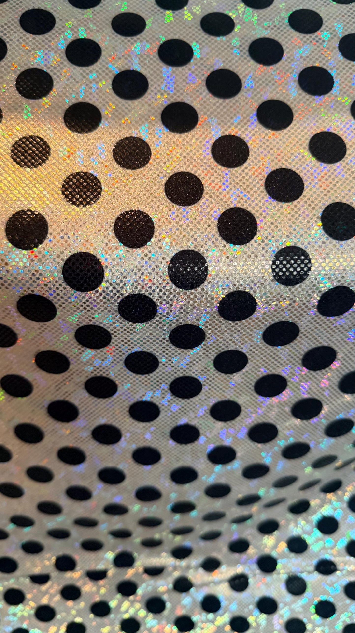 New Polka Dots design on Hologram shattered glass metallic nylon spandex 4-way stretch 58/60” High quality fabrics by AlexLAFabrics