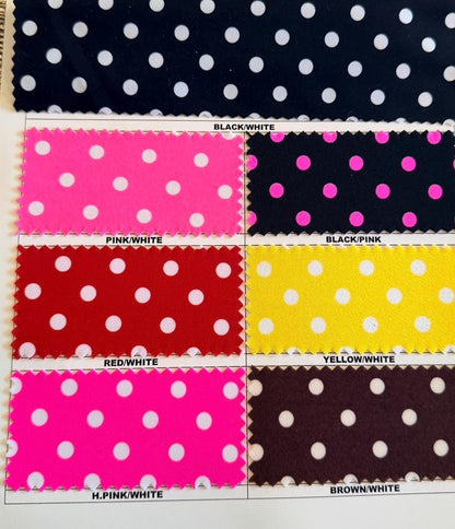 Polka dots design print on nylon spandex 4way stretch  58/60" sold by the Yd. Ships worldwide from Los Angeles California USA.