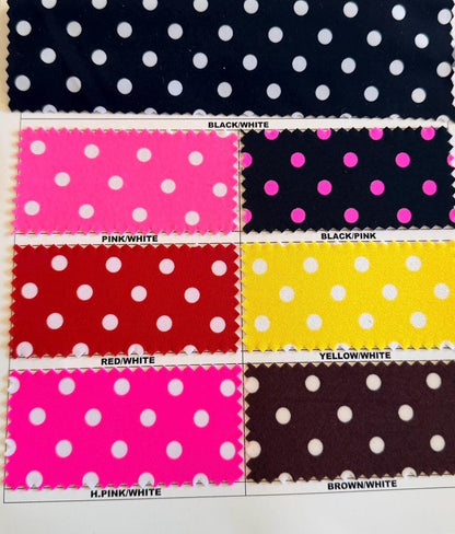 Polka dots design print on nylon spandex 4way stretch  58/60" sold by the Yd. Ships worldwide from Los Angeles California USA.
