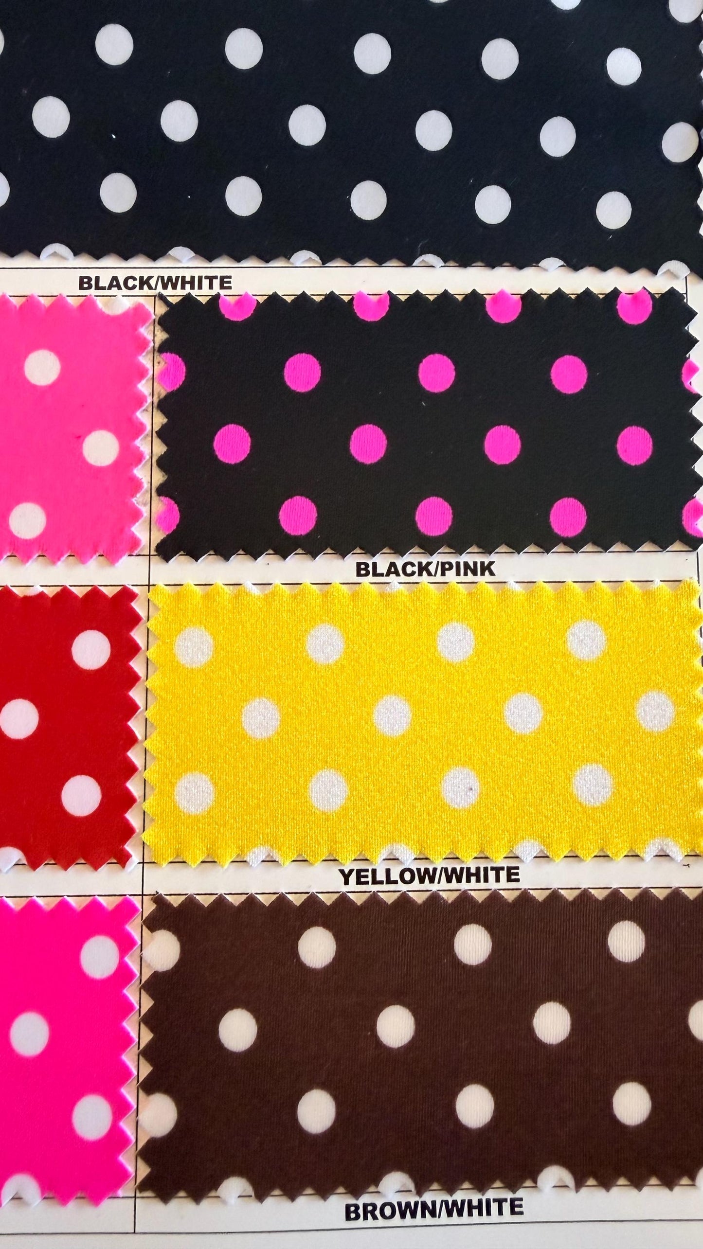 Polka dots design print on nylon spandex 4way stretch  58/60" sold by the Yd. Ships worldwide from Los Angeles California USA.