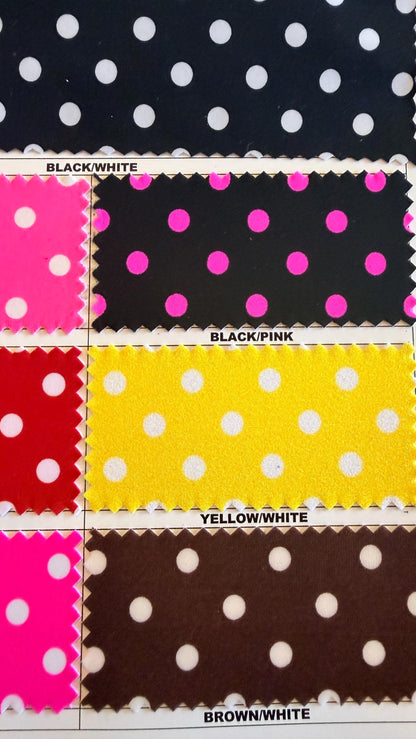 Polka dots design print on nylon spandex 4way stretch  58/60" sold by the Yd. Ships worldwide from Los Angeles California USA.