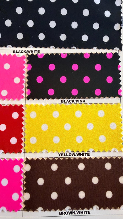Polka dots design print on nylon spandex 4way stretch  58/60" sold by the Yd. Ships worldwide from Los Angeles California USA.
