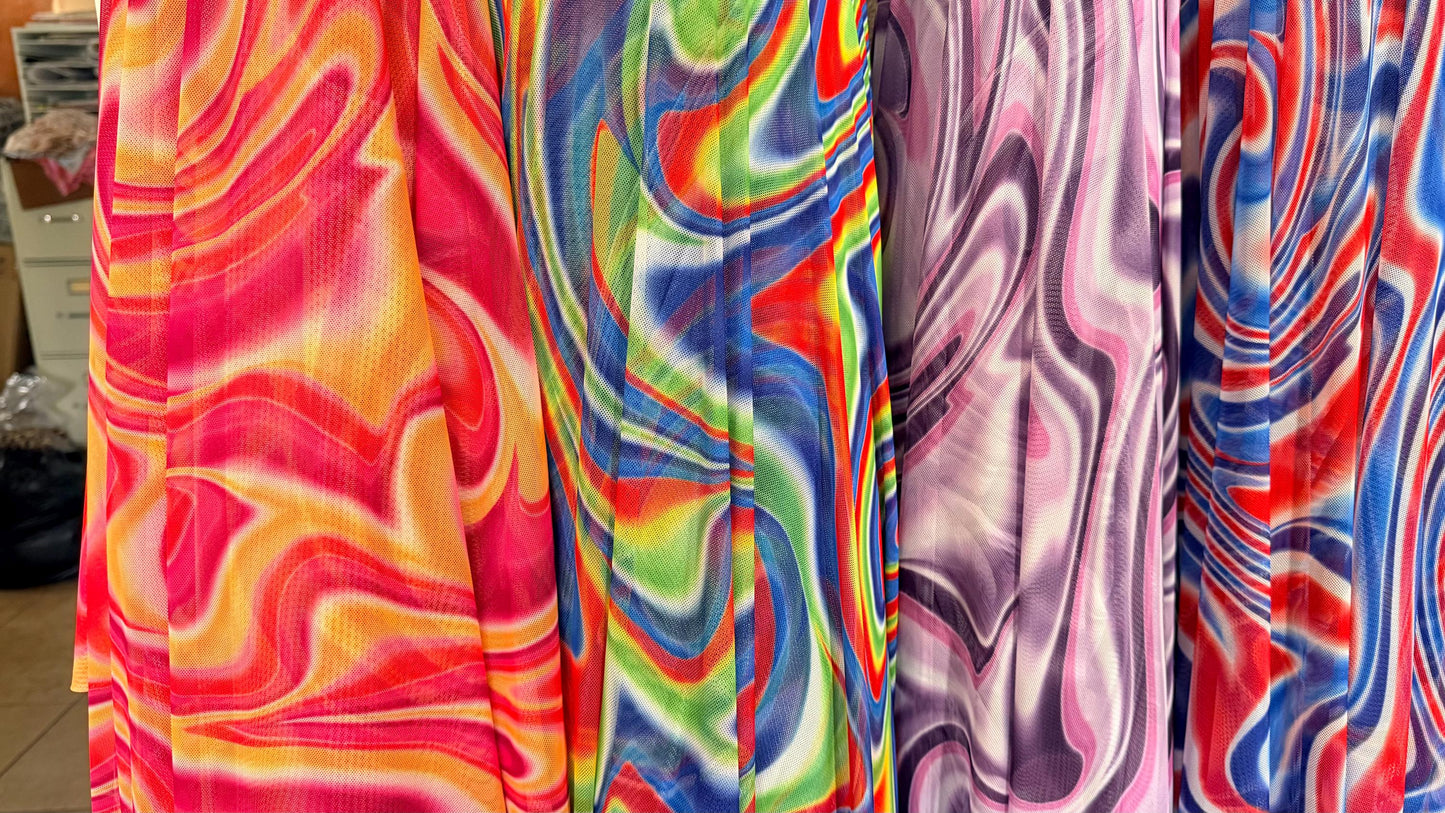 New Modern Swirl abstract lava design multicolor print on best quality of power mesh spandex 4-way stretch 58/60” Sold by the YD.
