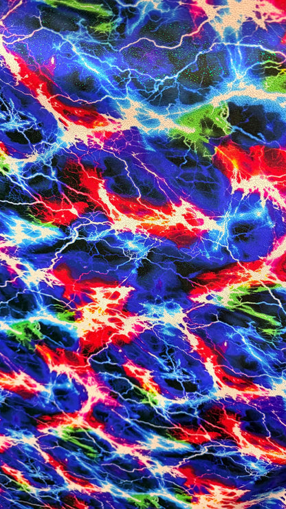 Thunderstorm design print on great quality of nylon spandex with hologram foggy foil  4-way stretch 58/60” Sold by the YD. Ships worldwide
