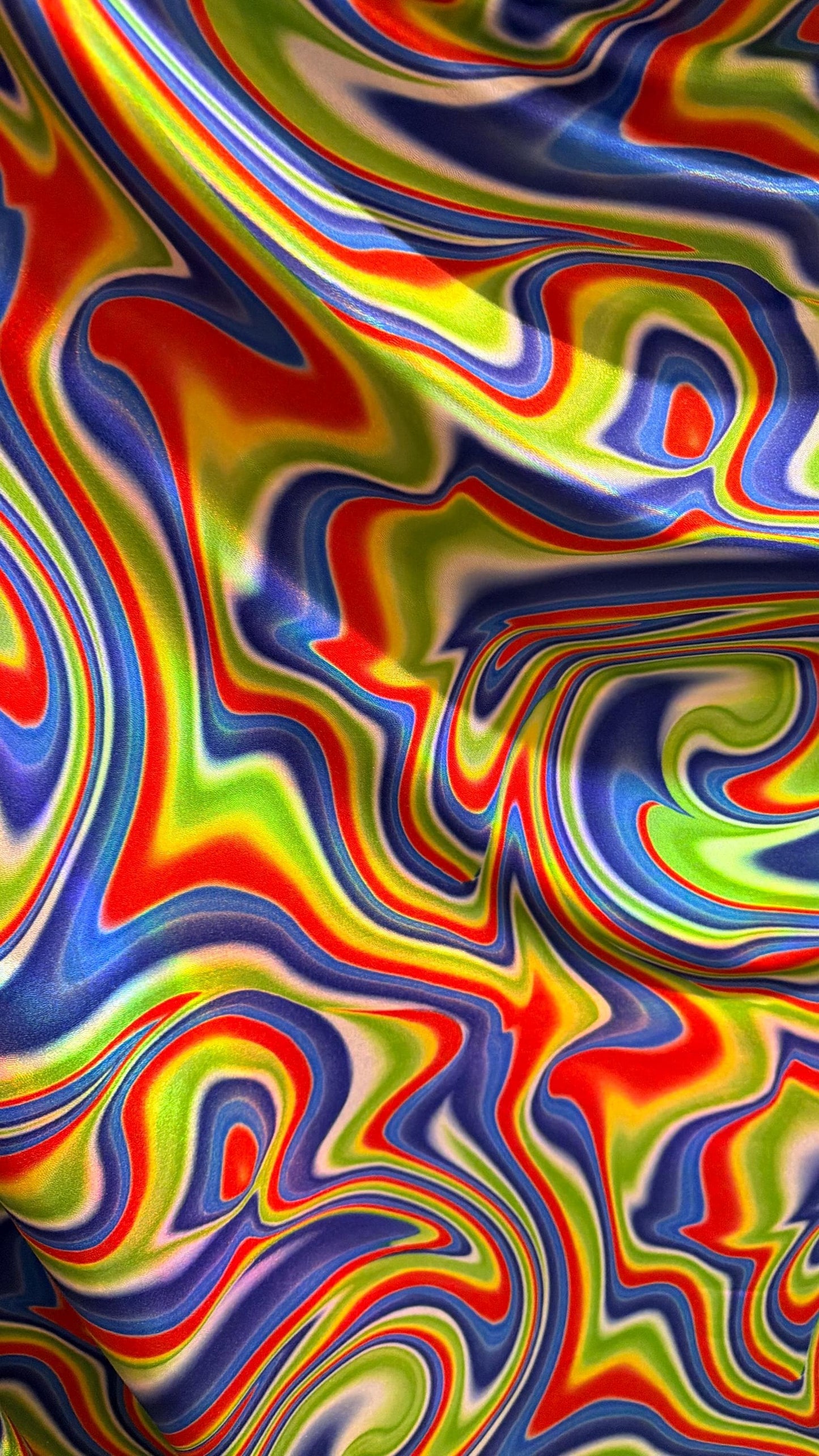 NEW Modern abstract lava design Oil slick Sapphire Multicolor on Iridescent metallic nylon spandex 4-way stretch 58/60” Sold by the YD.
