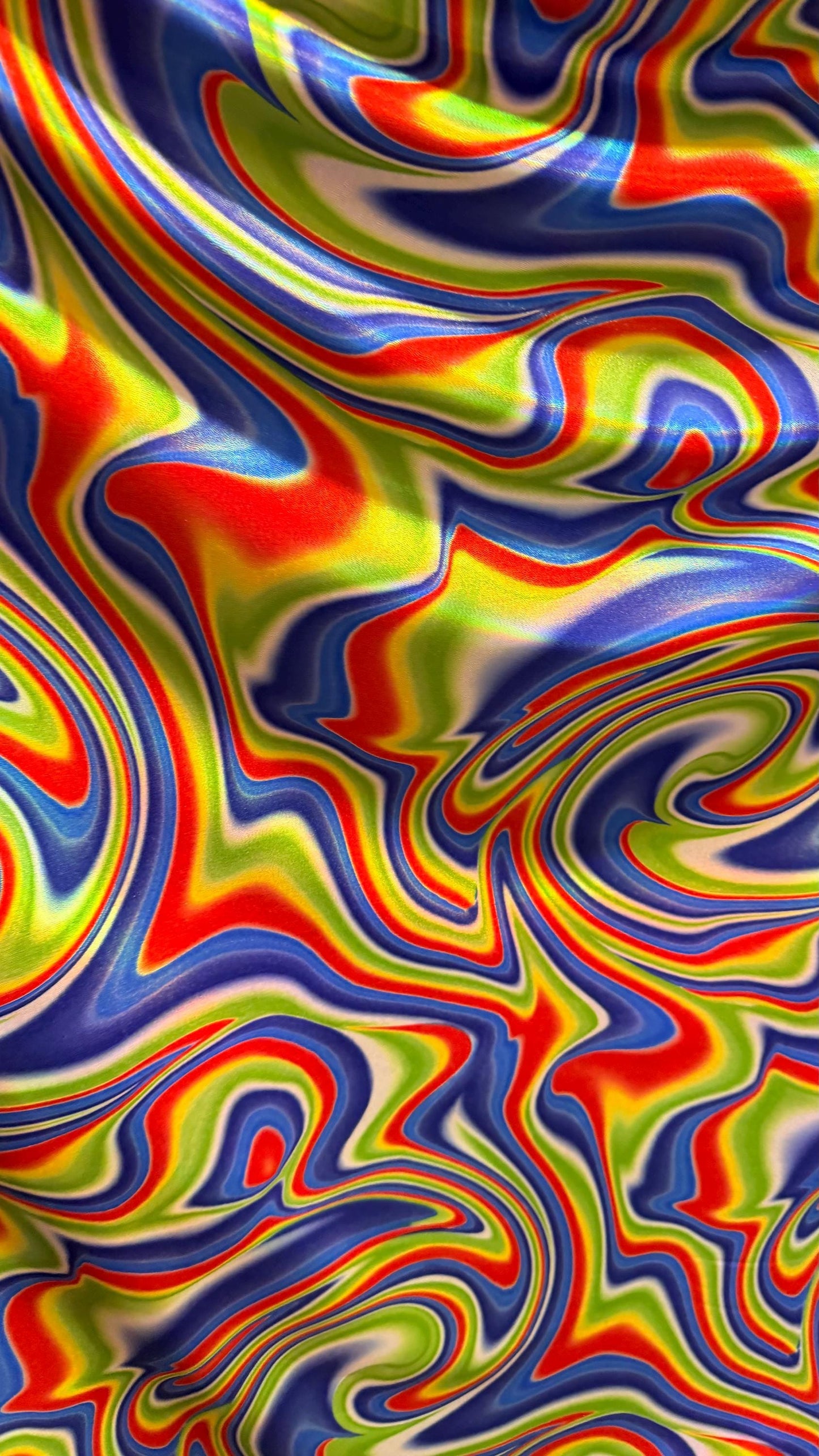 NEW Modern abstract lava design Oil slick Sapphire Multicolor on Iridescent metallic nylon spandex 4-way stretch 58/60” Sold by the YD.