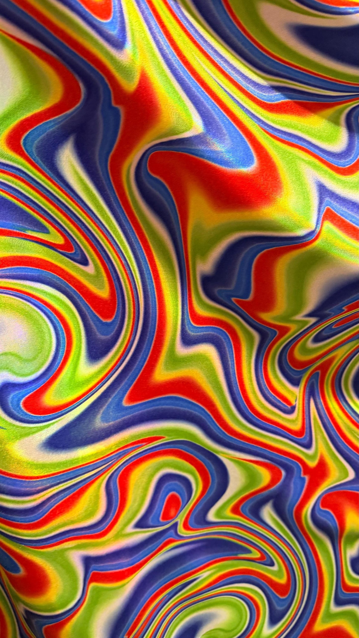 NEW Modern abstract lava design Oil slick Sapphire Multicolor on Iridescent metallic nylon spandex 4-way stretch 58/60” Sold by the YD.
