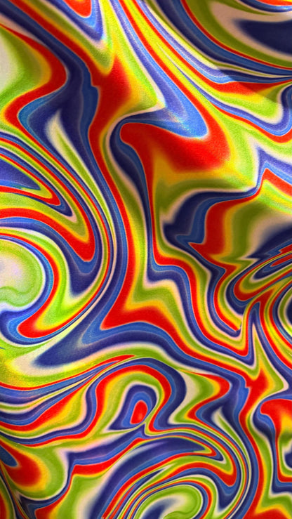 NEW Modern abstract lava design Oil slick Sapphire Multicolor on Iridescent metallic nylon spandex 4-way stretch 58/60” Sold by the YD.