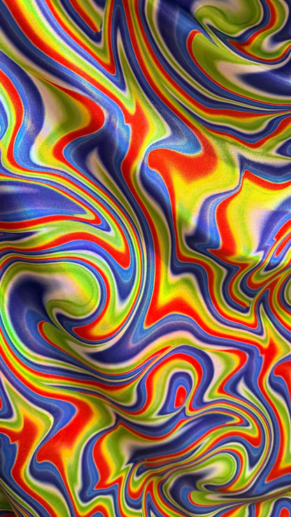 NEW Modern abstract lava design Oil slick Sapphire Multicolor on Iridescent metallic nylon spandex 4-way stretch 58/60” Sold by the YD.