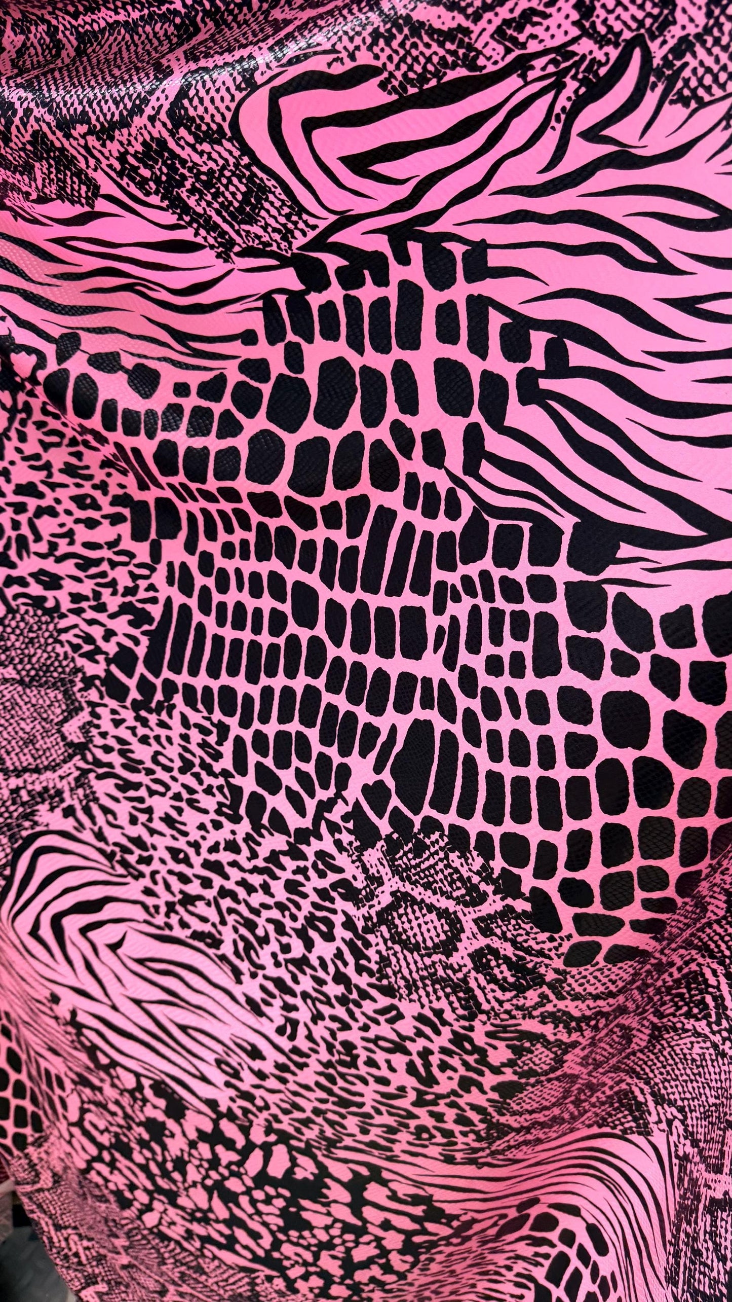NEW Pink/black Exotic Animal print safari design nylon spandex with clear  foil 4-way stretch 58/60” Sold by the YD. Ships worldwide