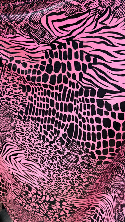 NEW Pink/black Exotic Animal print safari design nylon spandex with clear  foil 4-way stretch 58/60” Sold by the YD. Ships worldwide