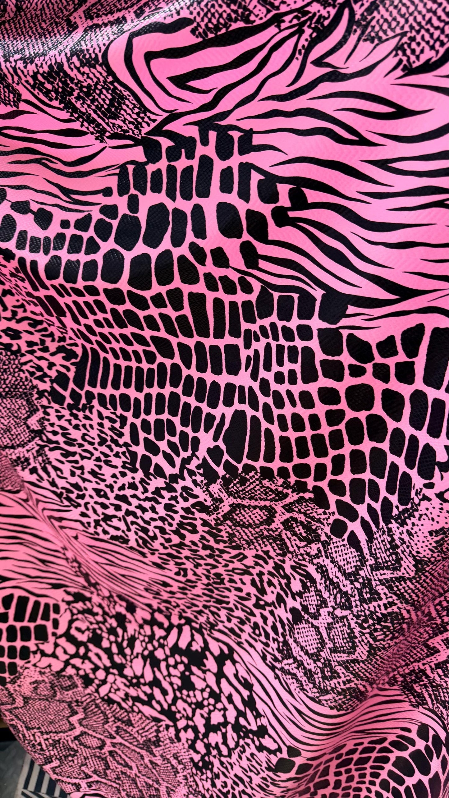 NEW Pink/black Exotic Animal print safari design nylon spandex with clear  foil 4-way stretch 58/60” Sold by the YD. Ships worldwide