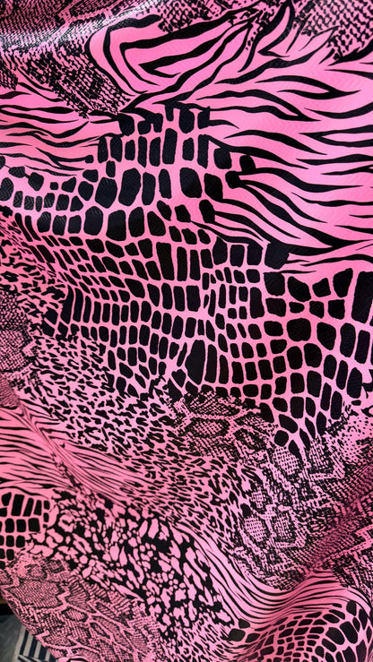 NEW Pink/black Exotic Animal print safari design nylon spandex with clear  foil 4-way stretch 58/60” Sold by the YD. Ships worldwide