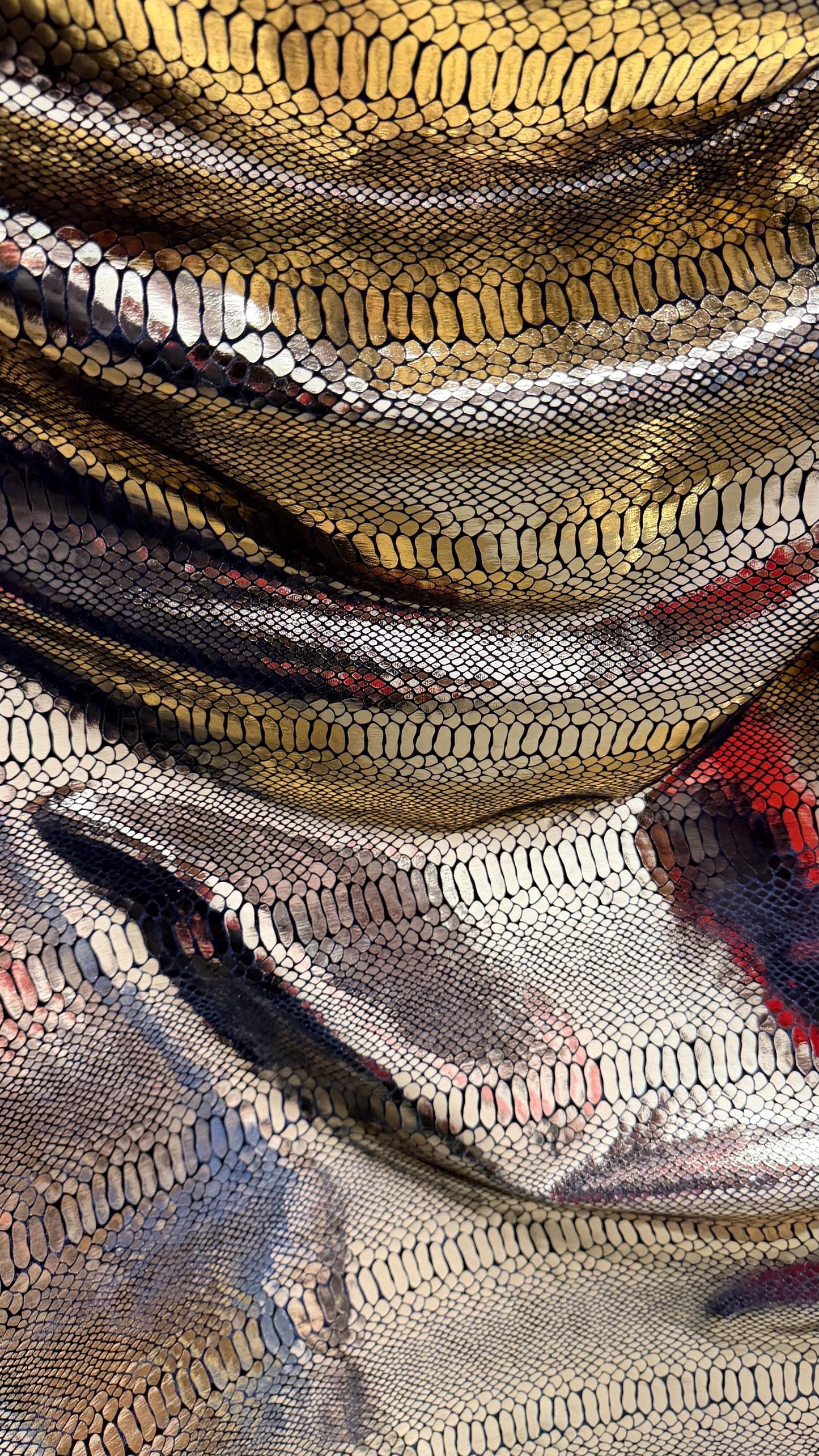 Luxury snake skin design Gold/Black metallic stretch velvet 4-way stretch 58/60” Sold by the YD. Ships worldwide from Los Angeles California