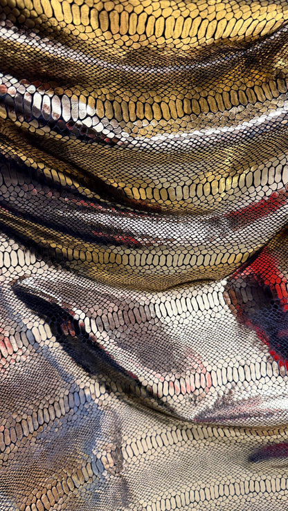 Luxury snake skin design Gold/Black metallic stretch velvet 4-way stretch 58/60” Sold by the YD. Ships worldwide from Los Angeles California