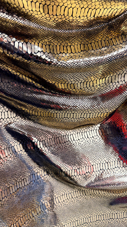 Luxury snake skin design Gold/Black metallic stretch velvet 4-way stretch 58/60” Sold by the YD. Ships worldwide from Los Angeles California