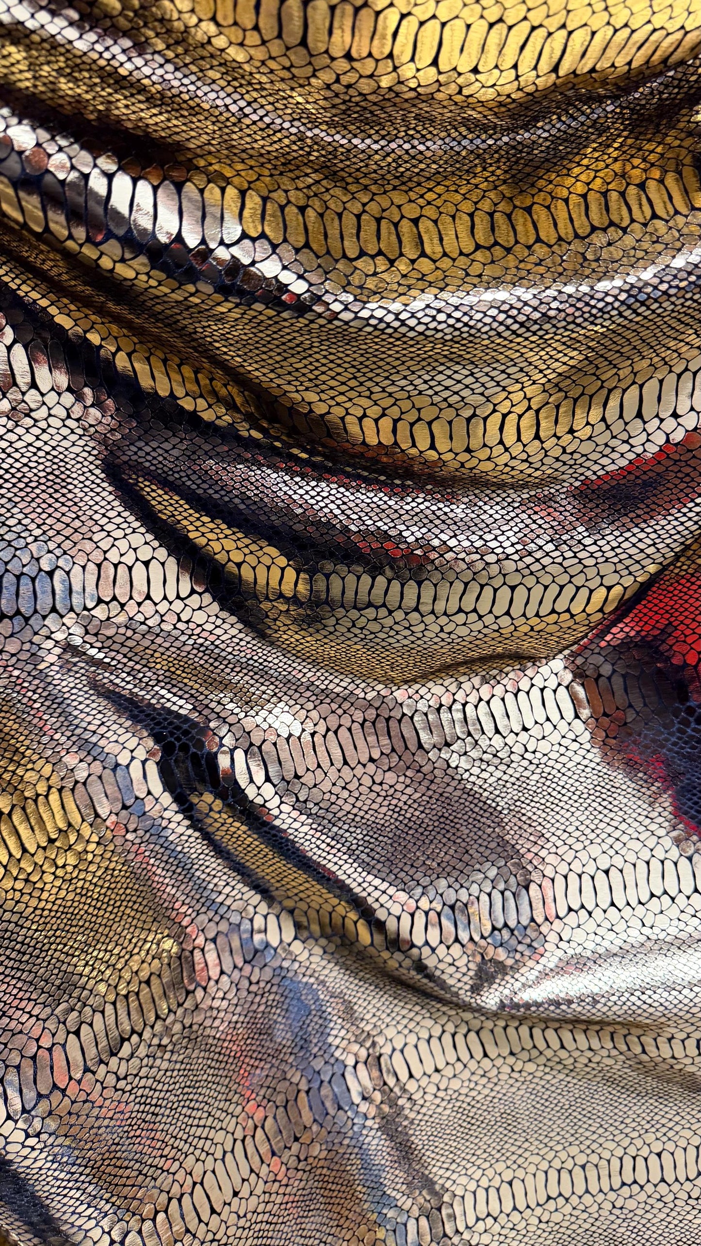 Luxury snake skin design Gold/Black metallic stretch velvet 4-way stretch 58/60” Sold by the YD. Ships worldwide from Los Angeles California