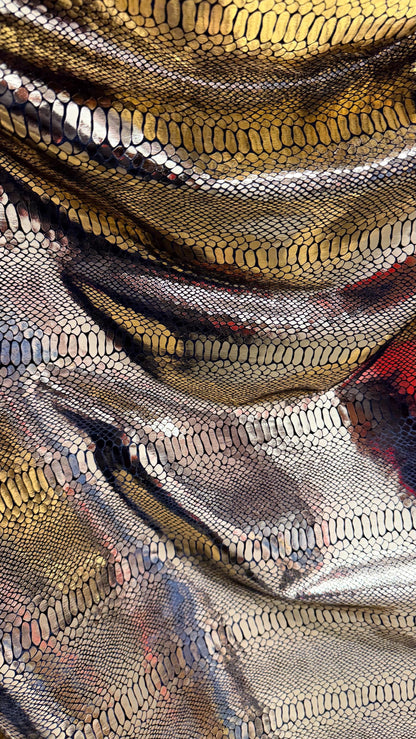 Luxury snake skin design Gold/Black metallic stretch velvet 4-way stretch 58/60” Sold by the YD. Ships worldwide from Los Angeles California
