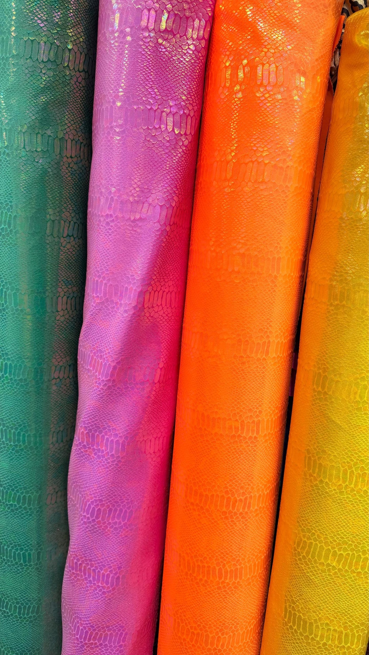Luxury snake skin design Iridescent metallic stretch velvet with ilusion foil 4-way stretch 58/60” Sold by the YD. Ships worldwide from LA