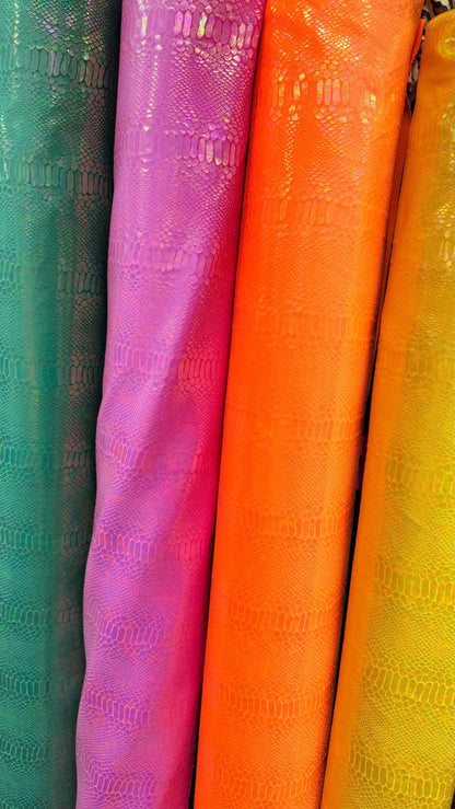 Luxury snake skin design Iridescent metallic stretch velvet with ilusion foil 4-way stretch 58/60” Sold by the YD. Ships worldwide from LA