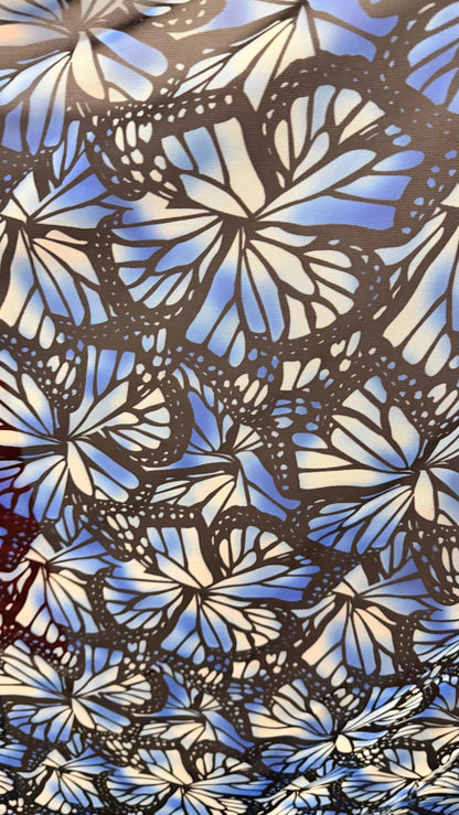 New Butterfly abstract design sapphire/black  color print on great quality of power mesh 4-way stretch 58/60”