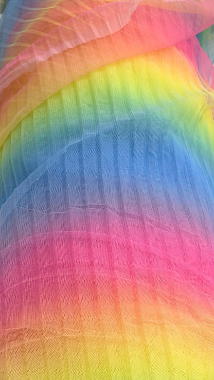 New Rainbow design print on pleated poly stretch mesh 2 way stretch 58/60" Sold by the YD. Ships worldwide from Los Angeles California USA.