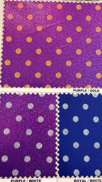 Polka dots print on metallic nylon spandex with hologram foggy foil4way stretch  58/60" sold by the Yd. Ships worldwide from Los Angeles CA
