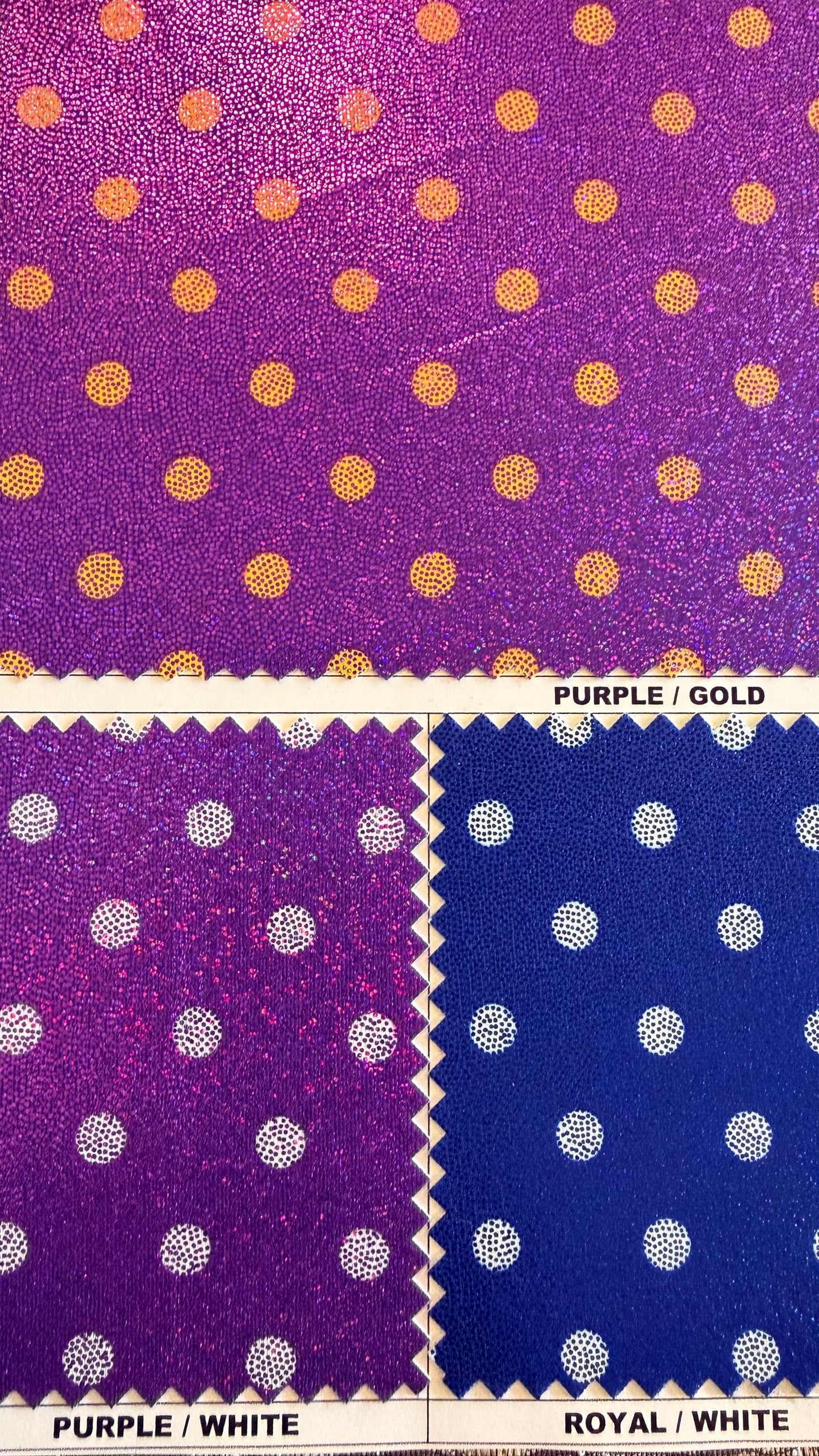Polka dots print on metallic nylon spandex with hologram foggy foil4way stretch  58/60" sold by the Yd. Ships worldwide from Los Angeles CA