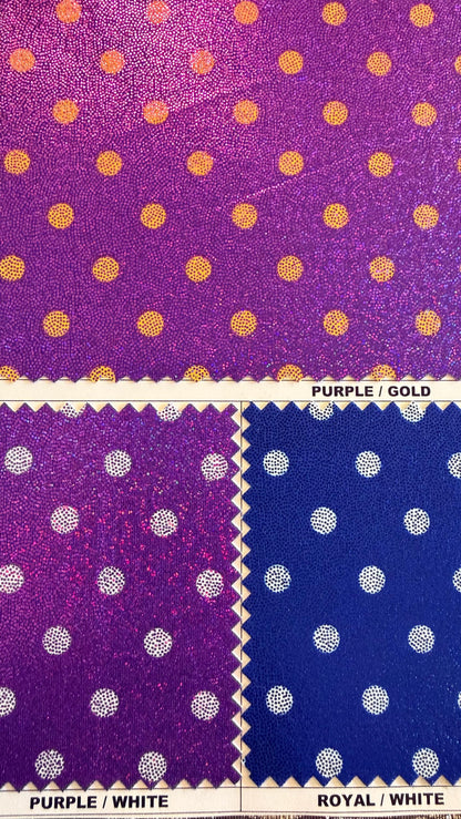 Polka dots print on metallic nylon spandex with hologram foggy foil4way stretch  58/60" sold by the Yd. Ships worldwide from Los Angeles CA