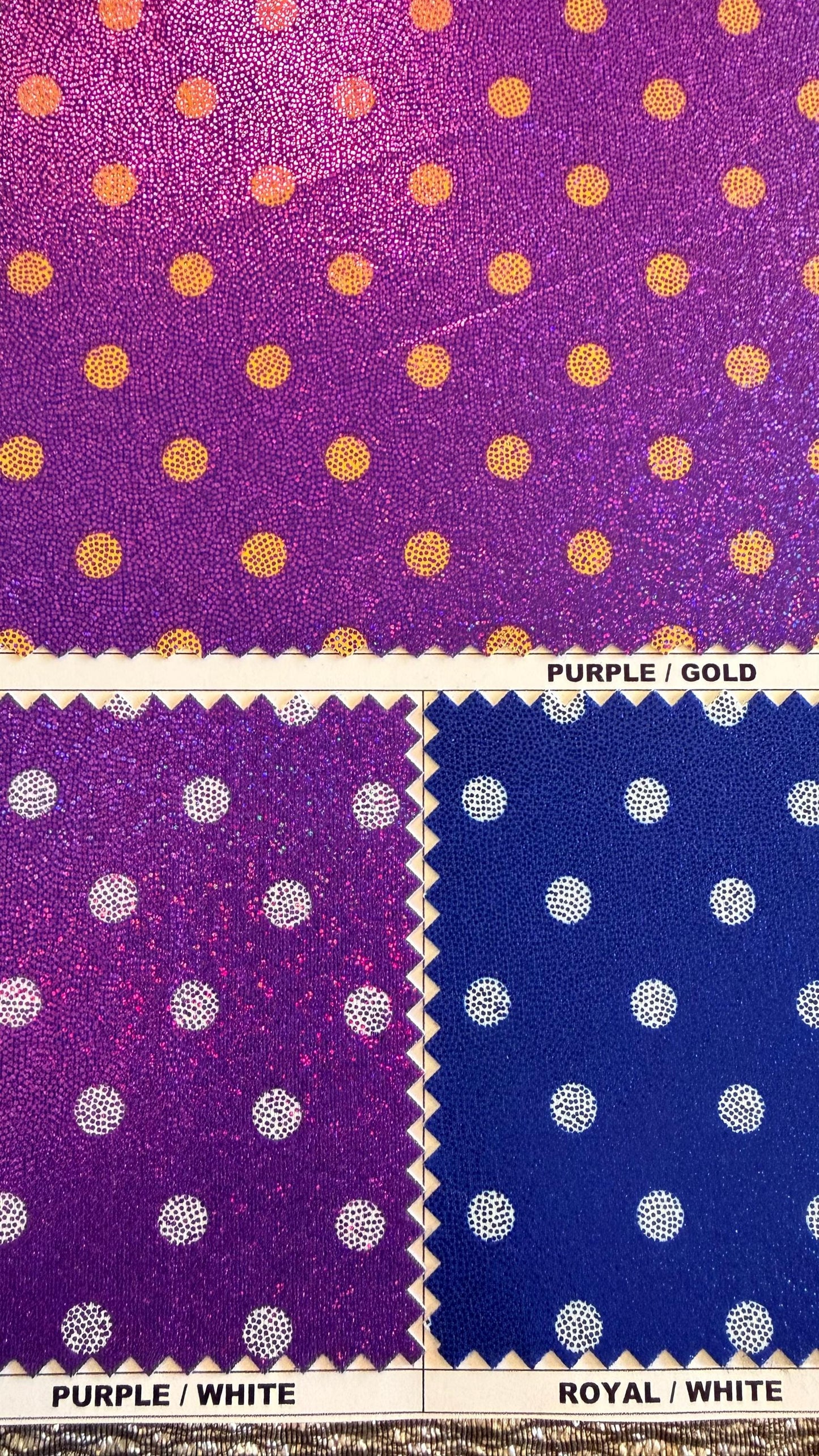 Polka dots print on metallic nylon spandex with hologram foggy foil4way stretch  58/60" sold by the Yd. Ships worldwide from Los Angeles CA