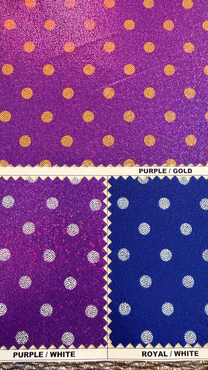 Polka dots print on metallic nylon spandex with hologram foggy foil4way stretch  58/60" sold by the Yd. Ships worldwide from Los Angeles CA