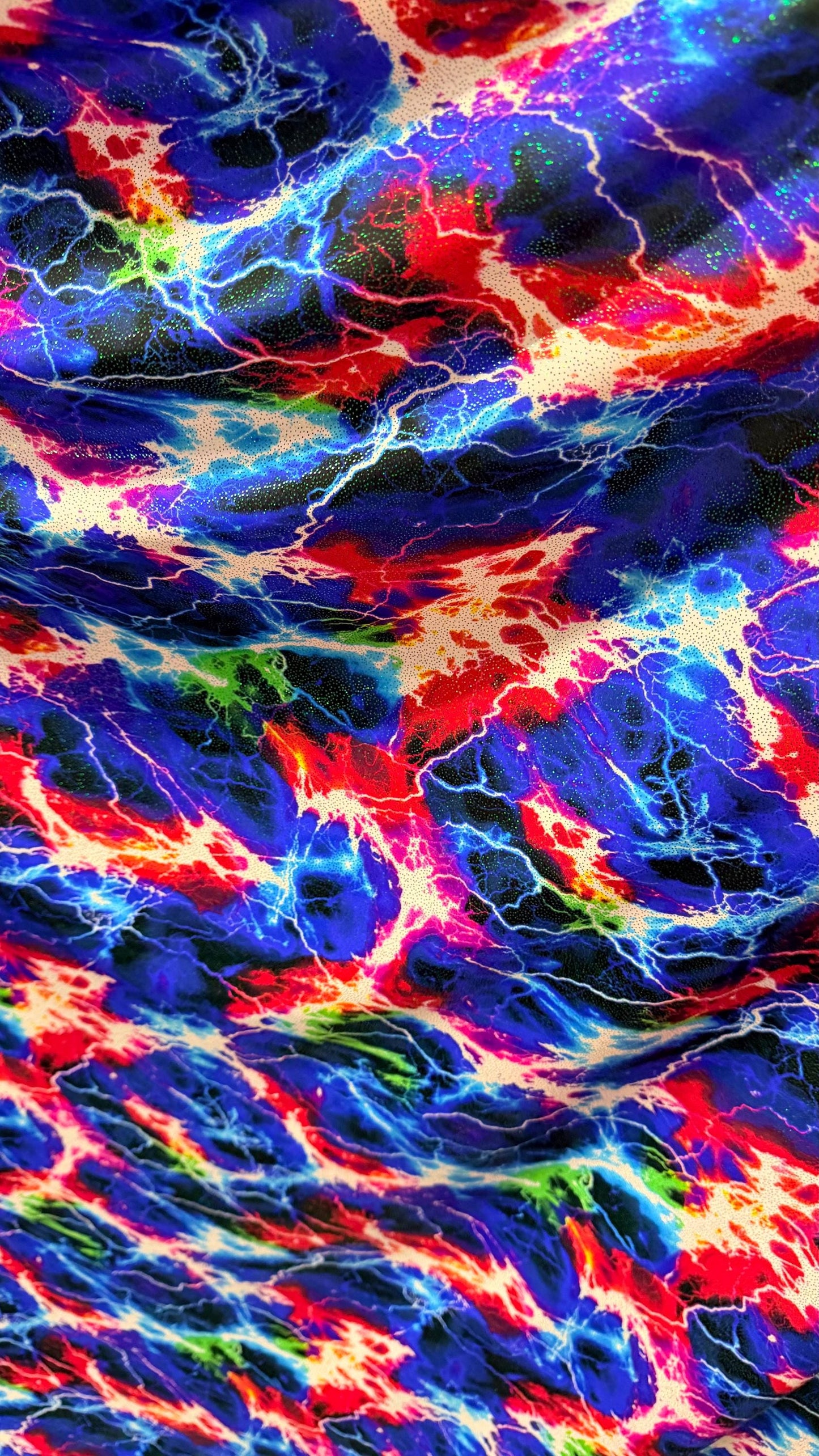 Thunderstorm design print on great quality of nylon spandex with hologram foggy foil  4-way stretch 58/60” Sold by the YD. Ships worldwide