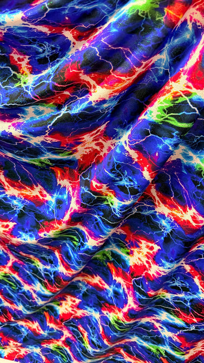 Thunderstorm design print on great quality of nylon spandex with hologram foggy foil  4-way stretch 58/60” Sold by the YD. Ships worldwide